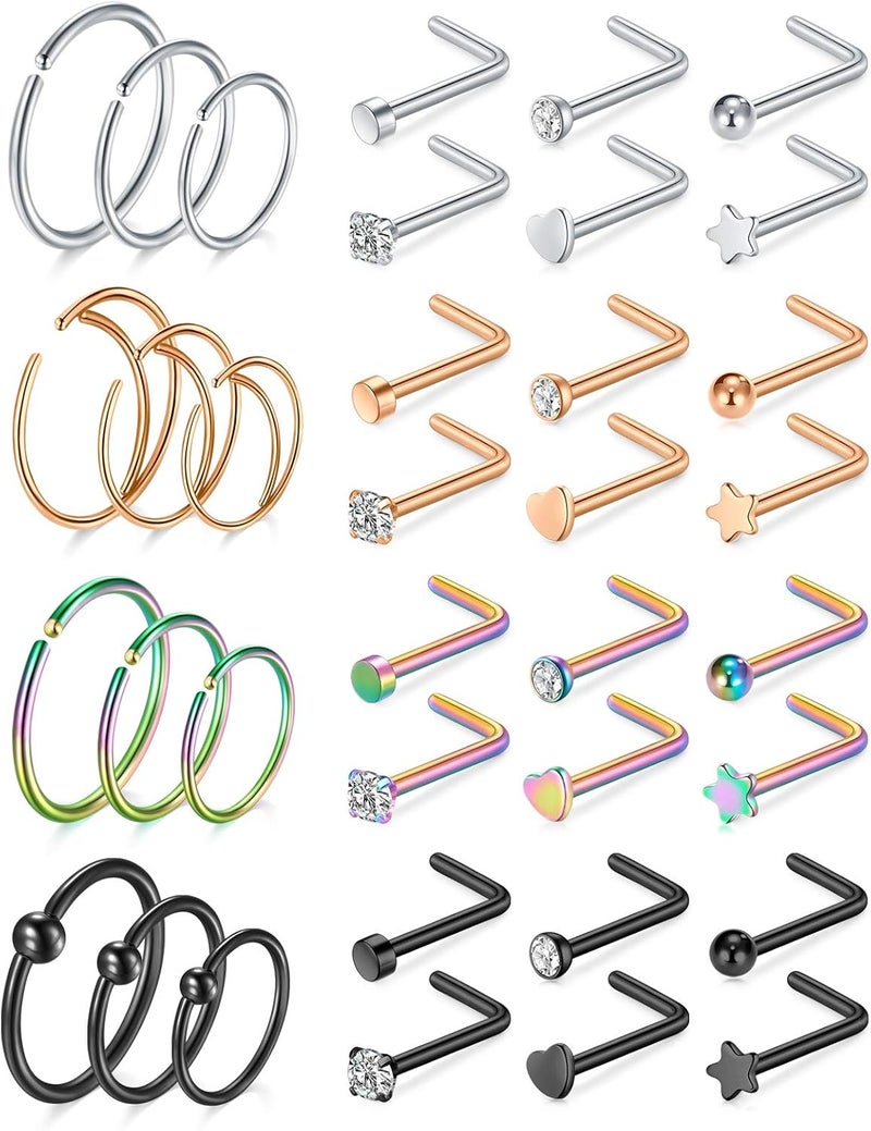 Mayhoop 20g Nose Rings Hoops And Studs For Women Men - Hypoallergenic 316L Surgical Stainless Steel L Shape Nose Screw Bone Silver Rose Gold Black Rainbow Pack 28Pcs - Image 1